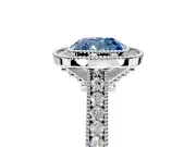 Halo Engagement Ring Setting for Fancy Blue Cushion Cut Center with Milgrain Pave Band and Bezel Head in Platinum