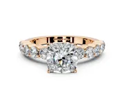 Shared-Prong Engagement Ring Setting for Cushion Cut Center with Graduated Accents and Prong Head in Rose Gold