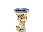 Leaf Motif Engagement Ring Setting for Fancy Blue Radiant Cut Center with Pave Band and Prong Head in Yellow Gold