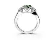 3 Stone Engagement Ring Setting for Fancy Green Heart-Shaped Center with Raised Basket Heads and Prong Head in White Gold