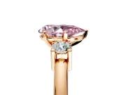 3 Stone Engagement Ring Setting for Fancy Pink Pear-Shaped Center with Wide Plain Band and Prong Head in Rose Gold
