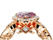 Milgrain Halo Engagement Ring Setting for Fancy Pink Heart-Shaped Center with Shoulder Bezels and Prong Head in Rose Gold