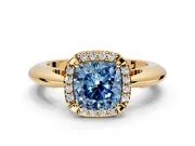Halo Engagement Ring Setting for Fancy Blue Cushion Cut Center with Tapered Plain Band and Prong Head in Yellow Gold