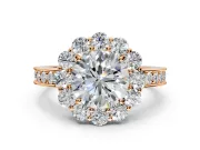 Halo Engagement Ring Setting for Round Cut Center with Milgrain Channel Band and Prong Head in Rose Gold