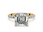 Solitaire Engagement Ring Setting for Asscher Cut Center with Fine Pave Narrow Band and Prong Head in Yellow Gold