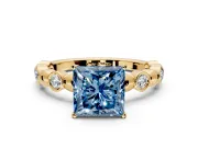 Solitaire Engagement Ring Setting for Fancy Blue Princess Cut Center with Beaded Bezel Station Band and Prong Head in Yellow Gold