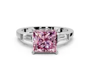 3 Stone Engagement Ring Setting for Fancy Pink Princess Cut Center with Channel Baguette Accents and Prong Head in Platinum