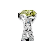 3 Stone Engagement Ring Setting for Fancy Yellow Heart-Shaped Center with Pave Split Shank and Prong Head in Platinum
