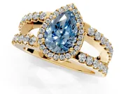 Halo Engagement Ring Setting for Fancy Blue Pear-Shaped Center with Wide-Open Pave Split Shank and Prong Head in Yellow Gold