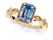 Milgrain Bezel Engagement Ring Setting for Fancy Blue Emerald Cut Center with Marquise Stations and Bezel Head in Yellow Gold