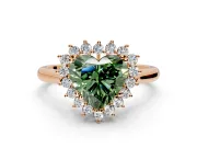 Starburst Halo Engagement Ring Setting for Fancy Green Heart-Shaped Center with Thin Round-Wire Band and Prong Head in Rose Gold