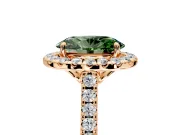 Halo Engagement Ring Setting for Fancy Green Oval Center with Raised Halo, Pave Band and Prong Head in Rose Gold