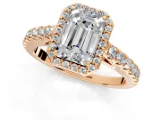 Halo Engagement Ring Setting for Emerald Cut Center with Full Pave Band and Prong Head in Rose Gold