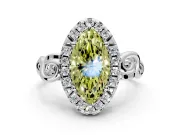 Halo Engagement Ring Setting for Fancy Yellow Marquise Center with Open Scroll Shoulders and Prong Head in Sterling Silver