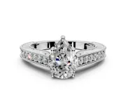 Solitaire Engagement Ring Setting for Pear-Shaped Center with Engraved Pave Band and Prong Head in Platinum
