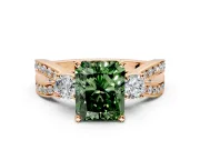 3 Stone Engagement Ring Setting for Fancy Green Radiant Cut Center with Pave Twist Band and Prong Head in Rose Gold