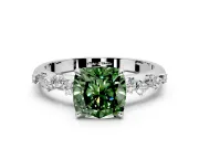 Cluster Engagement Ring Setting for Fancy Green Cushion Cut Center with Round Cut Accent Band and Prong Head in White Gold