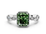 Vintage Station Engagement Ring Setting for Fancy Green Radiant Cut Center with Accents and Prong Head in White Gold