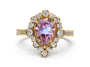 Milgrain Halo Engagement Ring Setting for Fancy Pink Pear-Shaped Center with Bezel Point Accents and Prong Head in Yellow Gold
