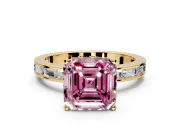 Solitaire Engagement Ring Setting for Fancy Pink Asscher Cut Center with Channel Baguette Band and Prong Head in Yellow Gold