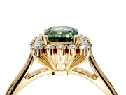 Starburst Halo Engagement Ring Setting for Fancy Green Emerald Cut Center with Thin Round-Wire Band and Prong Head in Yellow Gold