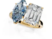 Fancy Blue Marquise and Emerald Cut Lab-Grown Diamond Toi et Moi Engagement Ring with Prong-Set Stones in Yellow Gold