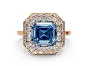 Halo Engagement Ring Setting for Fancy Blue Asscher Cut Center with Plain Tapered Band and Prong Head in Rose Gold