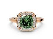 Halo Engagement Ring Setting for Fancy Green Cushion Cut Center with Plain Tapered Band and Prong Head in Rose Gold
