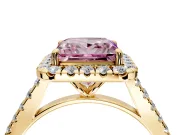 Halo Engagement Ring Setting for Fancy Pink Princess Cut Center with Narrowing Pave Band and Prong Head in Yellow Gold
