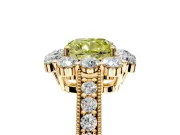 Halo Engagement Ring Setting for Fancy Yellow Cushion Cut Center with Milgrain Channel Band and Prong Head in Yellow Gold