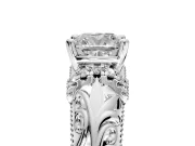 Solitaire Engagement Ring Setting for Cushion Cut Center with Filigree Accent Basket and Prong Head in Platinum