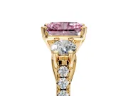 3 Stone Engagement Ring Setting for Fancy Pink Radiant Cut Center with Crossover Basket, Pave Band and Prong Head in Yellow Gold