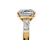 3 Stone Engagement Ring Setting for Asscher Cut Center with Tapered Baguettes, Plain Band and Prong Head in Yellow Gold
