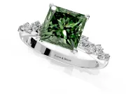 Cluster Engagement Ring Setting for Fancy Green Princess Cut Center with Round Cut Accent Band and Prong Head in Platinum