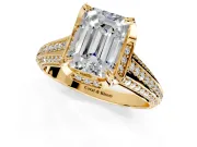 Solitaire Engagement Ring Setting for Emerald Cut Center with Accented Split Shank and Prong Head in Yellow Gold