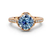 Floral Engagement Ring Setting for Fancy Blue Round Cut Center with Four Accent Clusters and Prong Head in Rose Gold