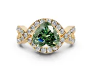 Halo Engagement Ring Setting for Fancy Green Heart-Shaped Center with Pave Infinity Twist Band and Prong Head in Yellow Gold