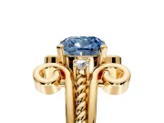Solitaire Engagement Ring Setting for Fancy Blue Cushion Cut Center with Twisted Band and Scroll Prong Head in Yellow Gold