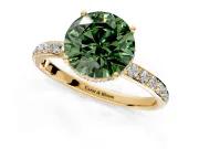 Hidden Halo Engagement Ring Setting for Fancy Green Round Cut Center with Pave Band and Prong Head in Yellow Gold