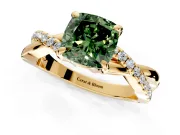 Solitaire Engagement Ring Setting for Fancy Green Cushion Cut Center with Half-Pave Crossover Band and Prong Head in Yellow Gold