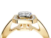 Bezel-Framed Halo Engagement Ring Setting for Emerald Cut Center with Pave Band and Prong Head in Yellow Gold