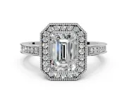 Halo Engagement Ring Setting for Emerald Cut Center with Milgrain Halo, Pave Band and Prong Head in Platinum