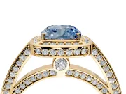Halo Engagement Ring Setting for Fancy Blue Cushion Cut Center with Framed Halo, Pave Band and Prong Head in Yellow Gold