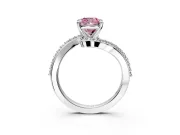 Solitaire Engagement Ring Setting for Fancy Pink Cushion Cut Center with Pave Bypass Swirl Band and Prong Head in White Gold