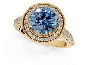 Milgrain Halo Engagement Ring Setting for Fancy Blue Round Cut Center with Three-Sided Pave Band and Prong Head in Yellow Gold