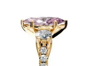 3 Stone Engagement Ring Setting for Fancy Pink Marquise Center with Crossover Basket, Pave Band and Prong Head in Yellow Gold