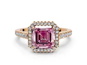 Halo Engagement Ring Setting for Fancy Pink Asscher Cut Center with Narrowing Pave Band and Prong Head in Rose Gold