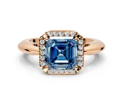 Halo Engagement Ring Setting for Fancy Blue Asscher Cut Center with Tapered Plain Band and Prong Head in Rose Gold