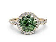 Halo Engagement Ring Setting for Fancy Green Round Cut Center with Heart-Shaped Openwork, Pave Band and Prong Head in Yellow Gold
