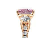 3 Stone Engagement Ring Setting for Fancy Pink Radiant Cut Center with Crossover Basket, Pave Band and Prong Head in Rose Gold